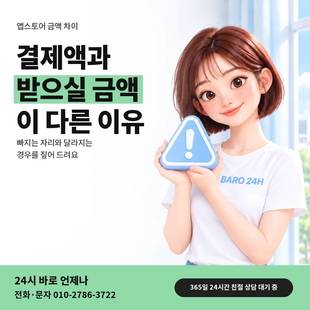 주의 표지판을 든 BARO 24H 티셔츠를 입은 3D 인물 옆에 「앱스토어 결제액과 받을 금액 차이」 제목을 얹은 안내 카드