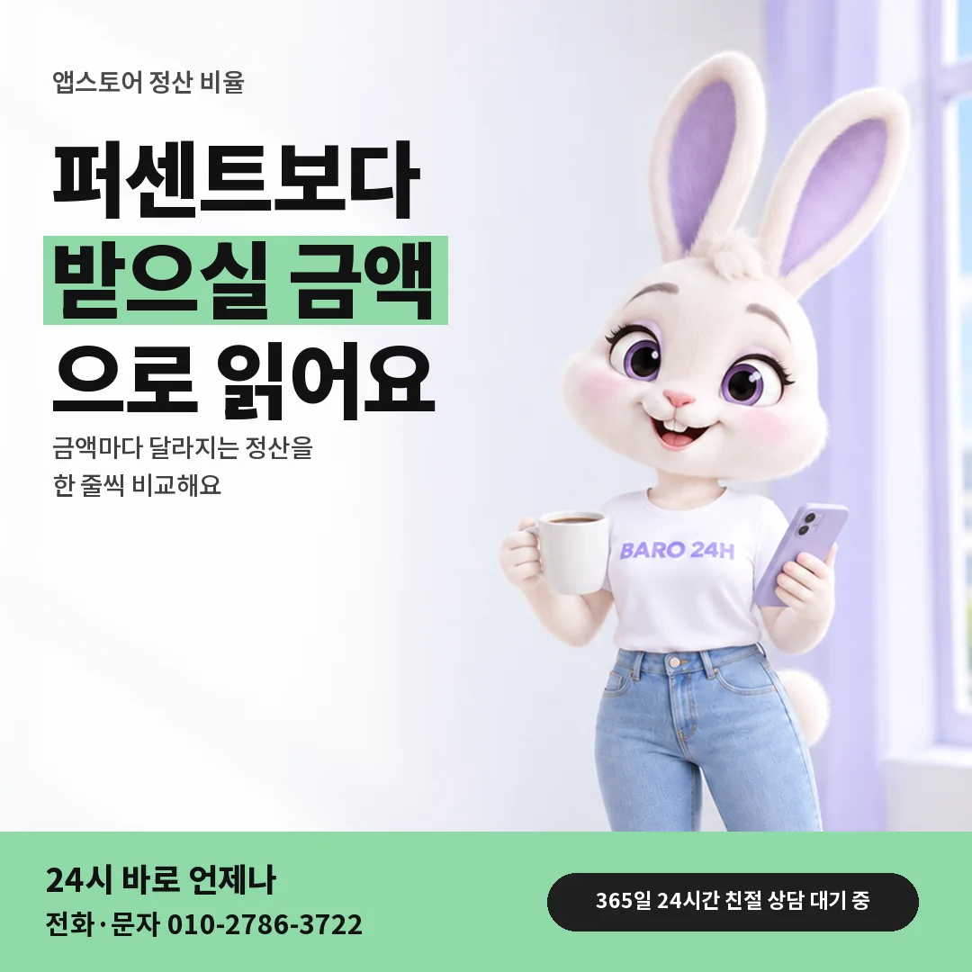휴대폰을 보며 웃는 BARO 24H 티셔츠를 입은 3D 토끼 캐릭터 옆에 「앱스토어 정산 비율 금액으로 읽기」 제목을 얹은 안내 카드